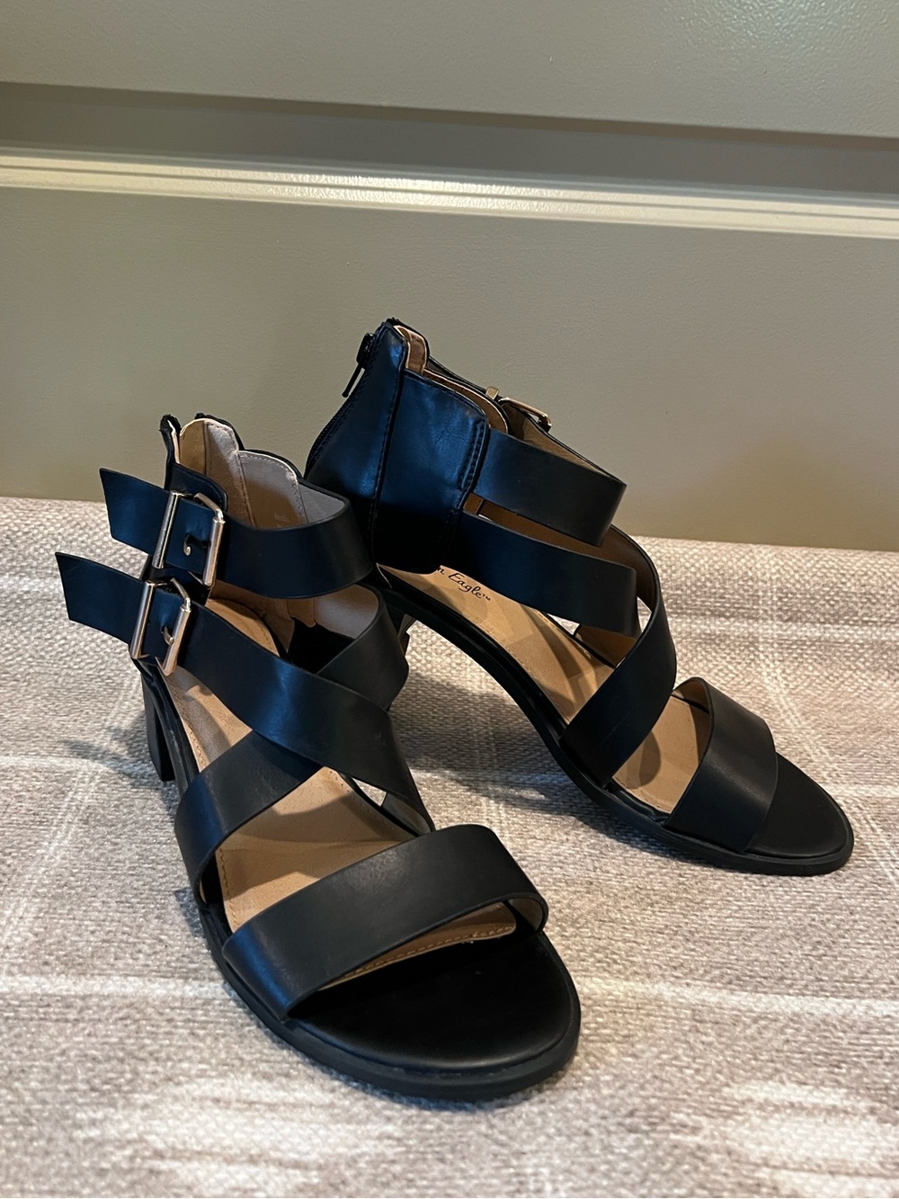 American Eagle by Payless Black Strappy Buckle Heeled Sandals